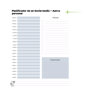png: Planificador diario de Social Media con cronograma por horas de 8:00am a 6:00pm, sección de notas y tareas importantes.