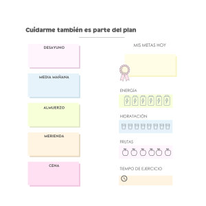 png: Registro de bienestar titulado "Cuidarme también es parte del plan" con seguimiento de comidas, energía, hidratación y ejercicio